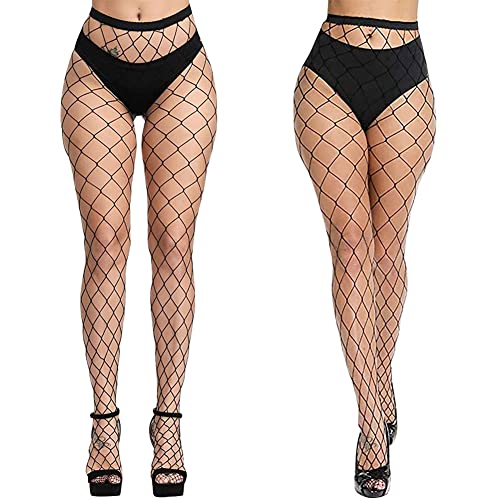 Aomig Netzstrumpfhose Schwarz, 2pcs Fishnet Stockings Strümpfe, Elastisch Hohe Taille Schenkelhohe Strümpfe Strumpfhosen, Mode Strumpfhosen Netzstrümpfe für Damen Alltagskleidung(großes netz)