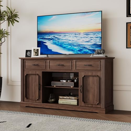 MROJISC Fernsehschrank-TV-Schrank Holz Fernsehtisch Lowboard für Fernseher TV Cabinet Sideboard Fernseher für Wohnzimmer, Esszimmer, Schlafzimmer, Braun