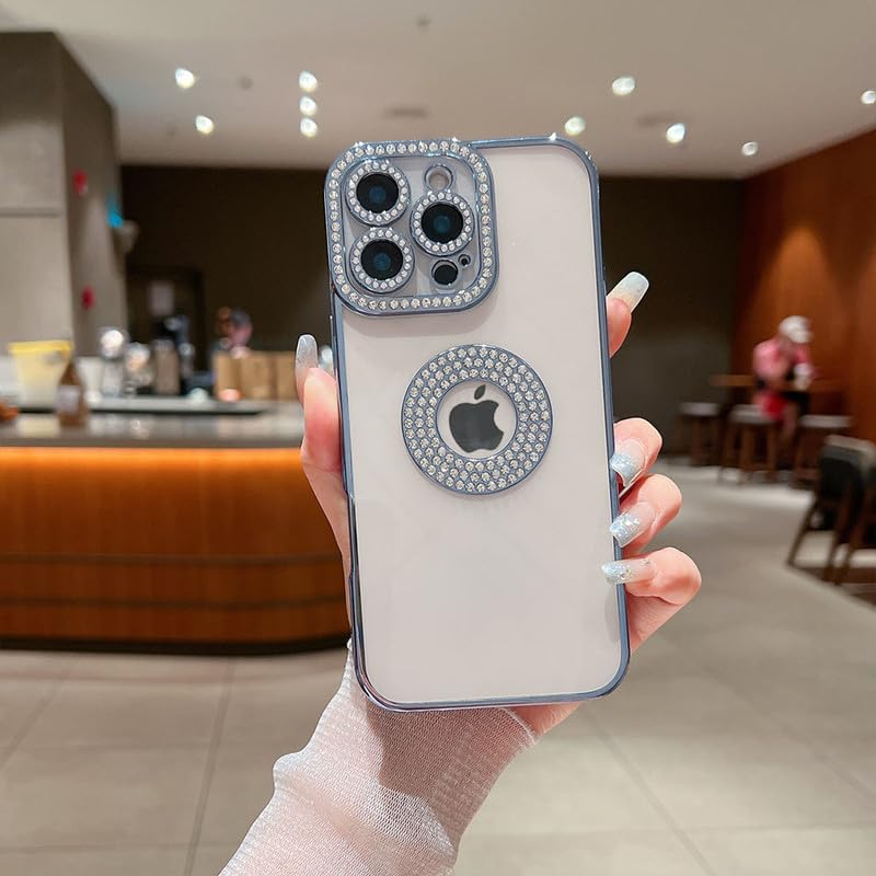 Image of LuxuryKase Sparkling Crystal Clear Case for iPhone 16 Pro | Logo Cut | Soft Protective TPU Case | Diamond Camera Lens Protector - Blue