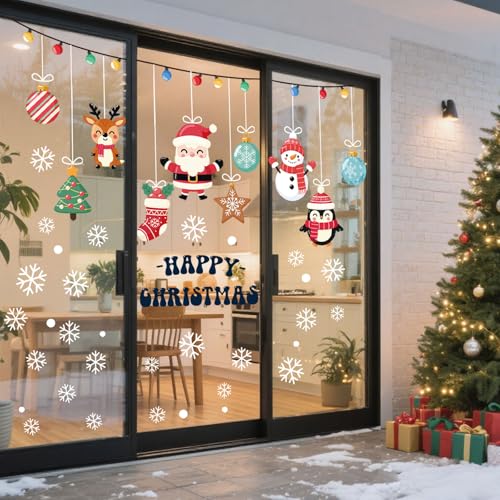 Image of AhfuLife 173Pcs Christmas Window Clings, 9 Sheets Xmas Window Stickers Reusable Double Sided Santa Claus Christmas Tree Snowman Snowflake Decals for Xmas Party Home Indoor Decorations