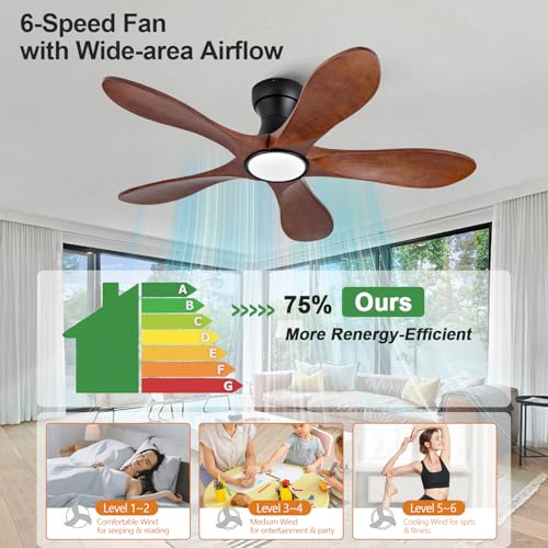 Image of 42 Inch Flush Mount Ceiling Fans with Lights and Remote, Dimmable 5 Blade Wood Outdoor Ceiling Fan Outdoor Fans for Patios Low Profile Modern Ceiling Fan with Light for Bedroom Living Room