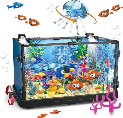 QLT QIAOLETONG Aquarium Fish Tank Ideas Bauspielzeug mit LED LichtAquarium klemmbausteine deko bausteine Geschenk für Erwachsene und Jungen Mädchen ab 8-12 Jahren(725PCS)