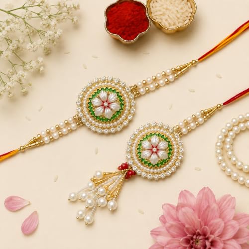 Image of eCraftIndia Diamonds, Pearls Floral Designer Bhaiya Bhabhi Rakhi Set with Roli Chawal Pack - for Brother, Bhaiya, Bhai - Lumba Rakhi for Bhabhi