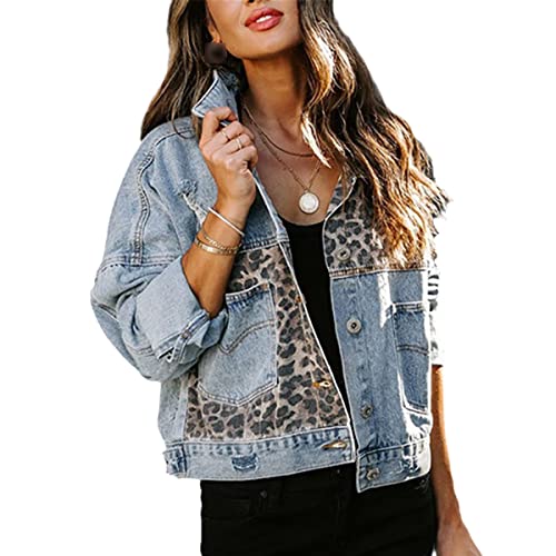 Veste en jean bleu motif léopard simple boutonnage manches longues 3XL