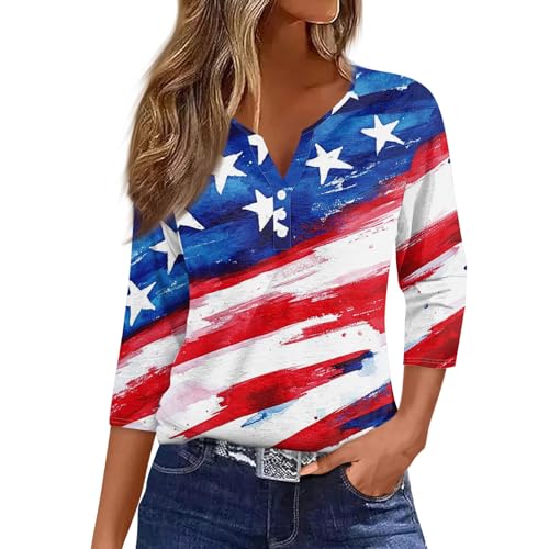 Image of 4th of July Shirts Women 3 /4 Length Sleeve Womens Tops Henley Neck Casual Patriotic T Shirts