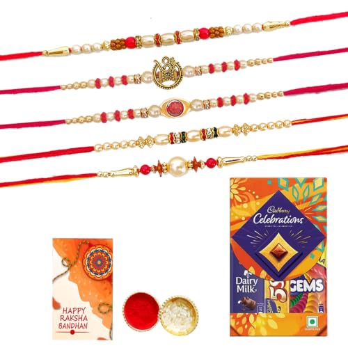 Image of Maalpani Rakhi for Brother Set of 5 with Celebrations Assorted Chocolate Gift Pack | Handcrafted Designer Pearl & Om Rakhi Combo Hamper for Rakshabandhan