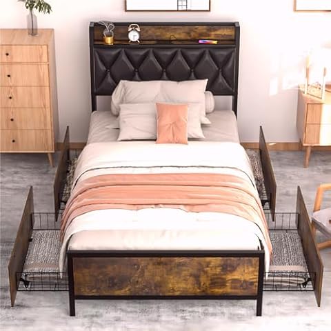 GAZHOME Twin XL Bed Frame with 4 Storage Drawers and Charging Station, Twin XL Upholstered Platform Bed Storage Headboard, No Box Spring Needed, Heavy Duty Slats, Noise Free, Easy Assembly Cover