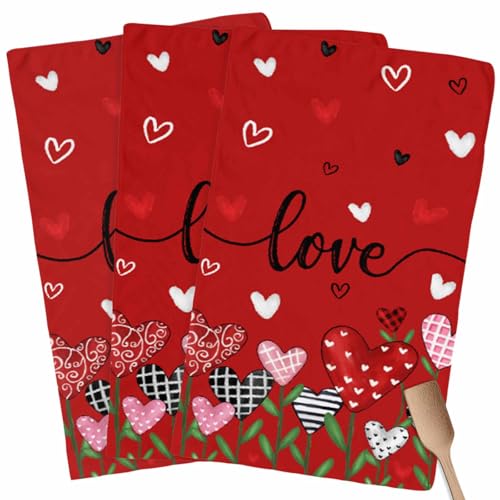 Image of Valentines Kitchen Towels Love Heart Flower Hand Towels Black Red Valentines Day Dish Towel Soft Absorbent Quick Drying 4 Pack Dish Cloths 18x28 Inch Anniversary Wedding Decoration