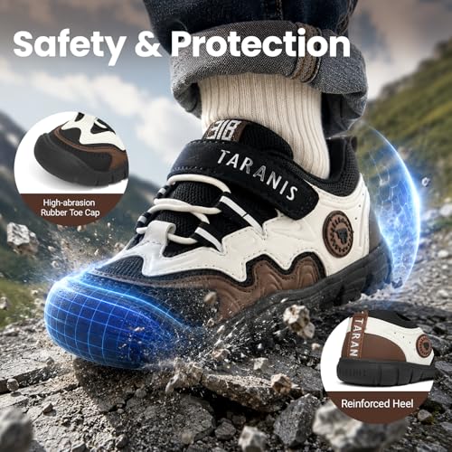 Boys Hiking Shoes Kids Outdoor Sneakers with Protective Rubber Toe Cap and Non-Slip Sole for Camping Trekking Trail Running (Little/Big Boys) 7-8Years Black-Brown - image 4