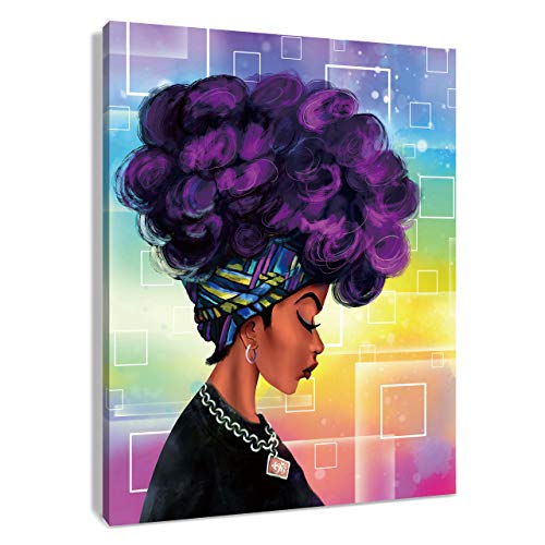 Hvest African American Canvas Wall Art Black Girl With Purple Afro Hair Artwork Hippie Paintings For Living Room Bedroom Bathroom Decor Stretched And Framed Ready To Hang 12x16inches Wantitall