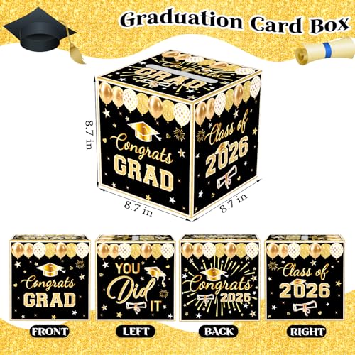 Image of Black Graduation Congrats Card Box, Class of 2026 Black Gold Graduation Party Decorations Money Card Boxes Holder, Graduation Gift Card Box for Grad Parties Supplies 8.7 x 8.7 x 8.7 Inch