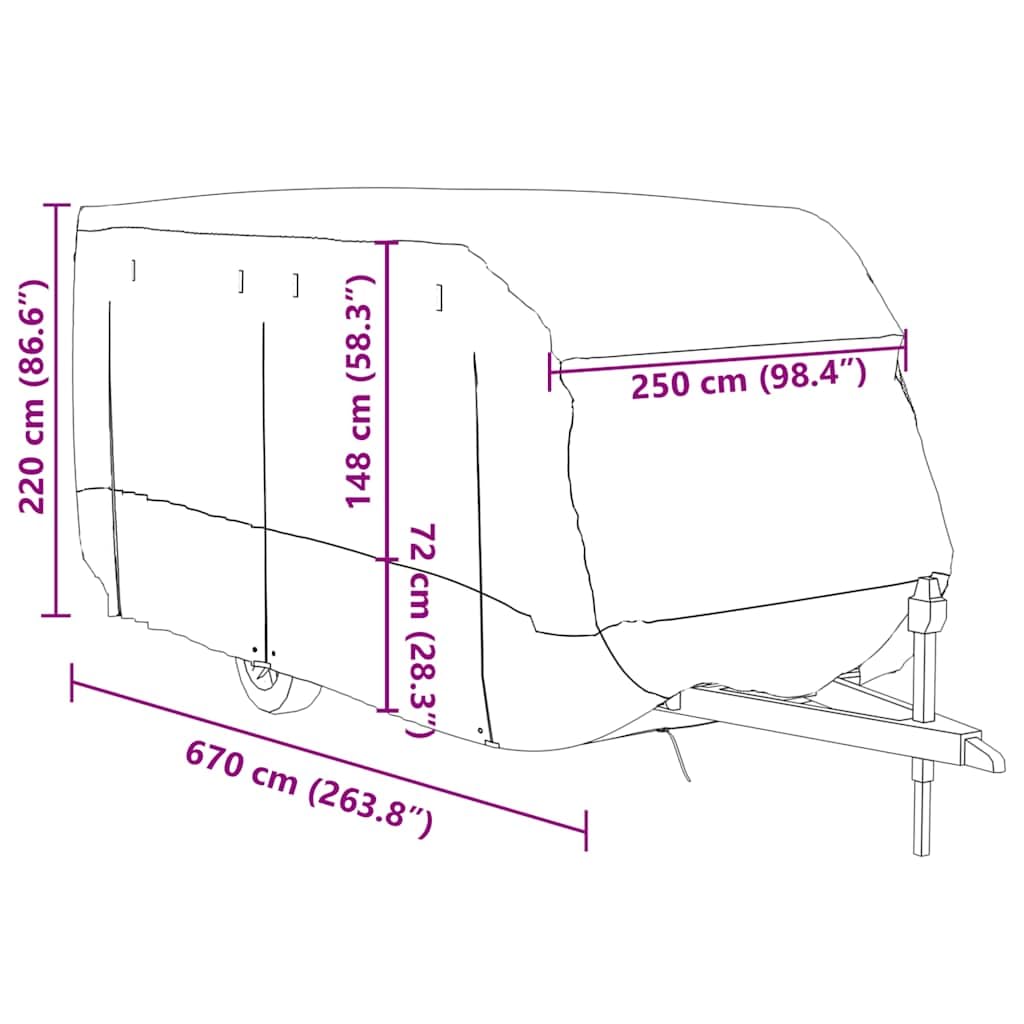 Pokrowiec ochronny do przyczep kempingowych, szary, 670 x 250 x 220 cm, włóknina, plandeka okryciowa z ochroną przed wiatrem i promieniowaniem UV, do garażu, na zimę, deszcz, śnieg