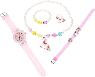 Conjunto de Pulseira de Relógio de Unicórnio Infantil: Relógio de Pulso Com Pulseira de Silicone Luzes Coloridas Pulseira de Unicórnio Pulseira de Contas Colar de Unicórnio Anel
