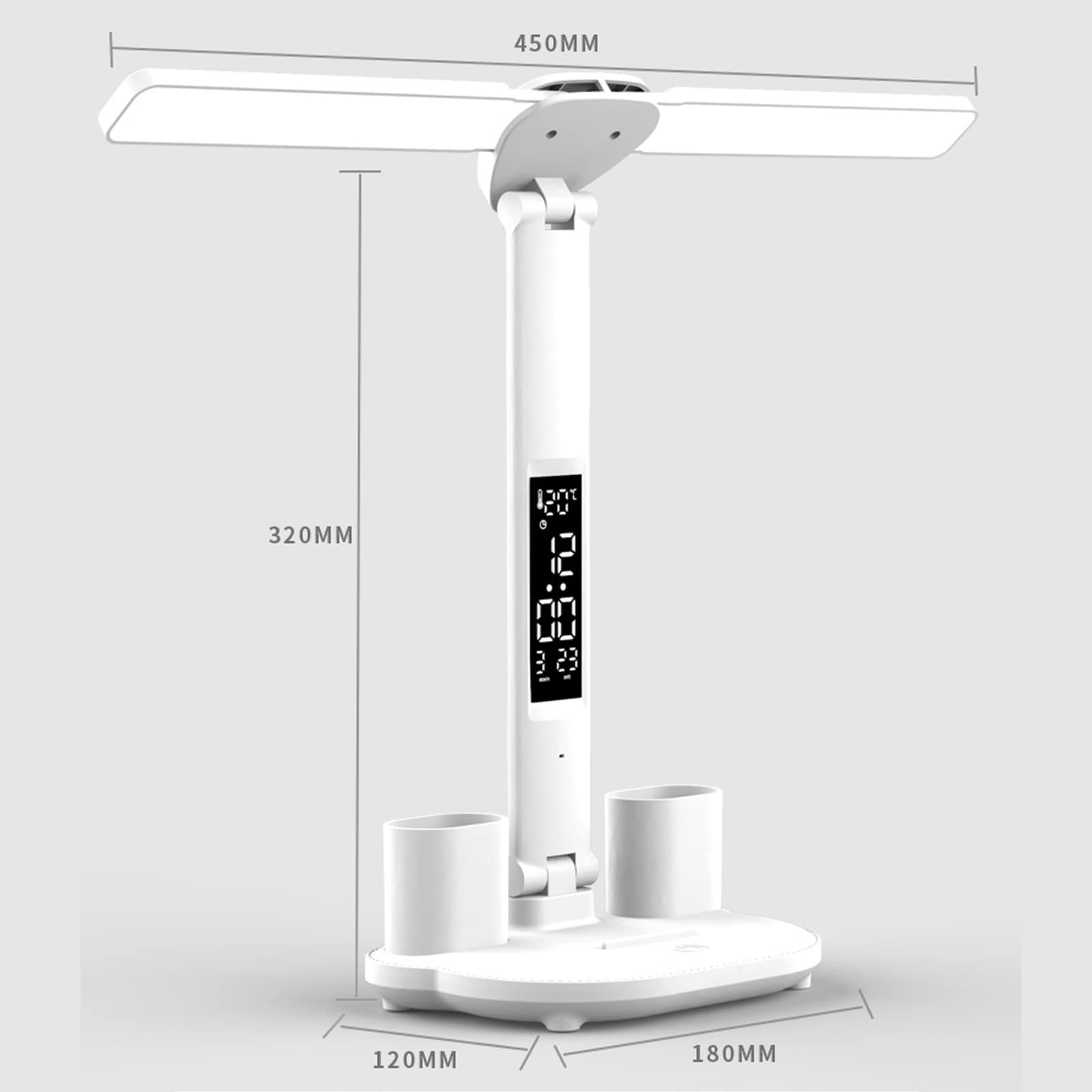 Lampe de Bureau Sans Fil à LED pour Enfant avec Heure Calendrier Température 2 Porte Stylo, 7W Double Tête Desk Lamp Dimmable 3 Modes de Couleur, Contrôle Tactile Protection des Yeux, Blanche