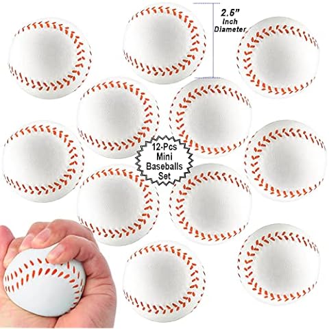 Mini Sports Balls for Kids Party Favor Toy, Soccer Ball, Basketball, Football, Baseball (12 Pack) Squeeze Foam for Stress, Anxiety Relief, Relaxation. (12 Pack (Baseballs)) Cover