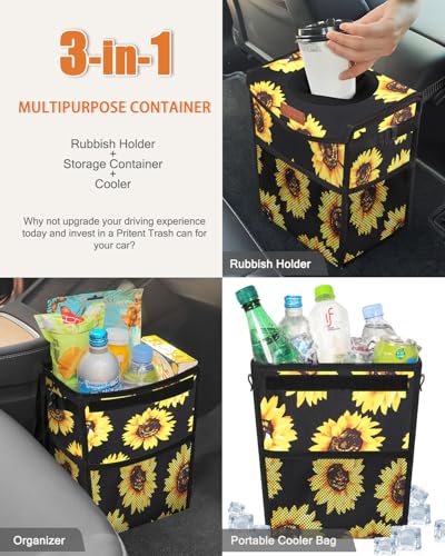 Image of Pritent Car Trash Can with Lid, Cute Leakproof Car Trash Garbage Bag Hanging Vehicle Trash Bin Small Portable Automotive Garbage Cans Organizer for Back /Front Seat(Trapezoid,Black Sunflower