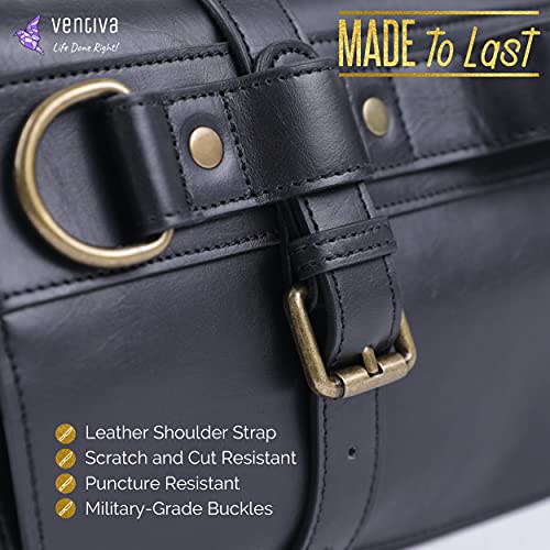Ventiva - Black Leather Knife Roll Storage Bag, 9 Pockets w/Large Utility Pocket, Adjustable/Detachable Shoulder Strap, Travel-Friendly and Durable - Image 5