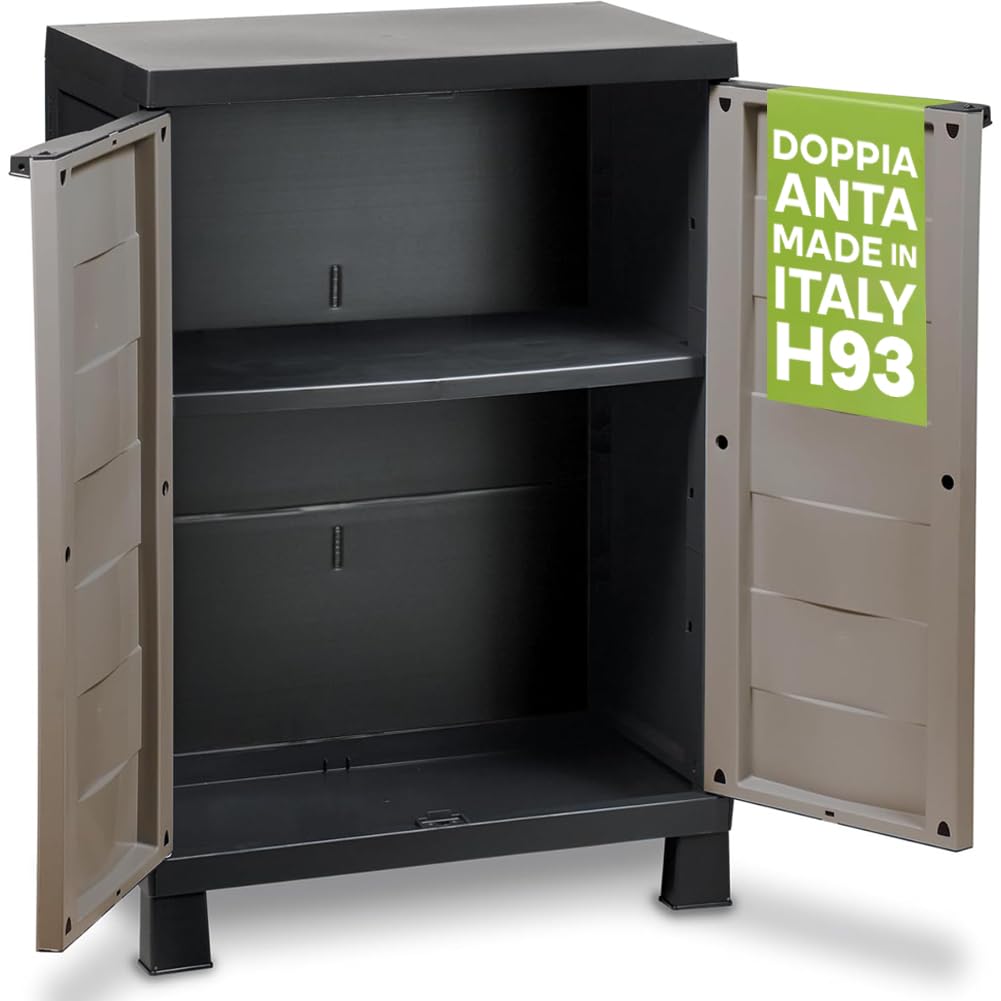 BAKAJI Mueble armario de polipropileno para exterior e interior, mueble con doble puerta resistente a los rayos UV y estante ajustable, ideal para jardín, balcón, baño, oficina (bajo)