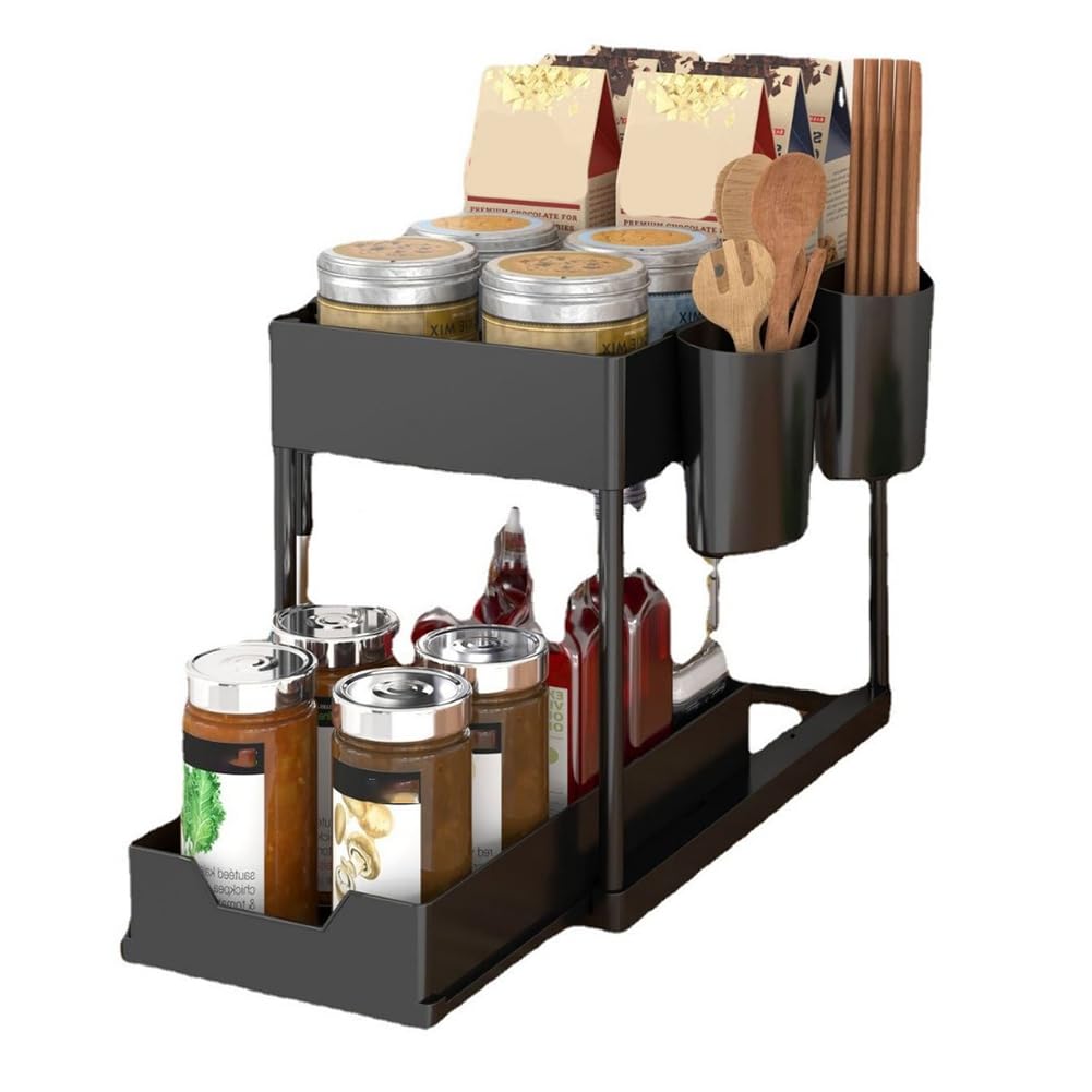 CTRLZS Multifunctional Kitchen Rack Pull-Out Spice Rack Double-Layer Cabinet Storage Rack Black