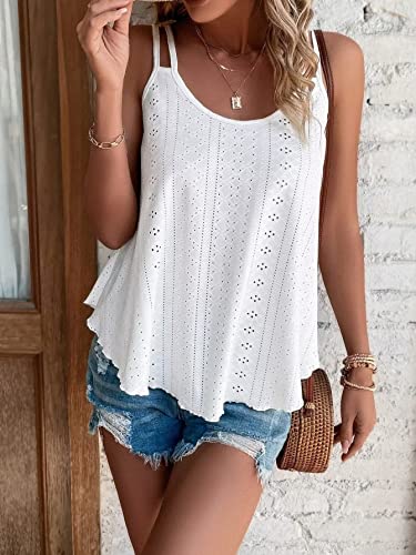 KKJ Womens Cute Tank Tops Eyelet Sleeveless Spaghetti Strap Scoop Neck Loose Casual 2025 Summer Beach Vacation Flowy Shirts White - Image 4