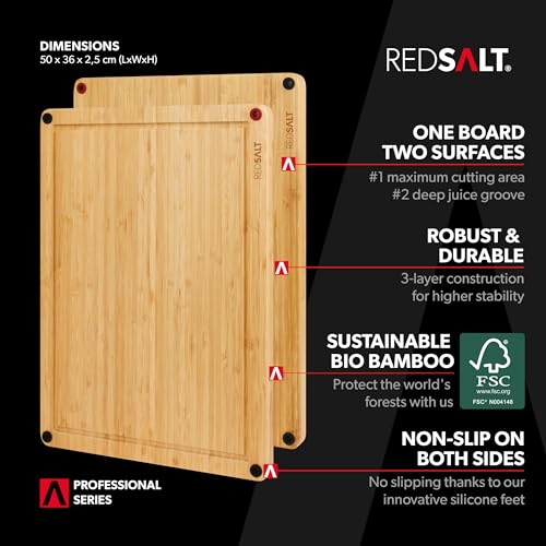 REDSALT Innovative Bamboo Wood Chopping Board XL 50 x 36 x 2.5 cm Non-Slip Double-Sided Antibacterial Deep Juice Groove Premium Wooden Board Large for Kitchen and Grill - Image 2