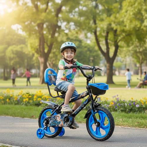 Image of Amazon Brand - Jam & Honey Kids 14T Bicycle | Sturdy Steel Frame | EVA Tyres | Adjustable Seat & Handlebar | Training Wheels | Front Basket | Blue