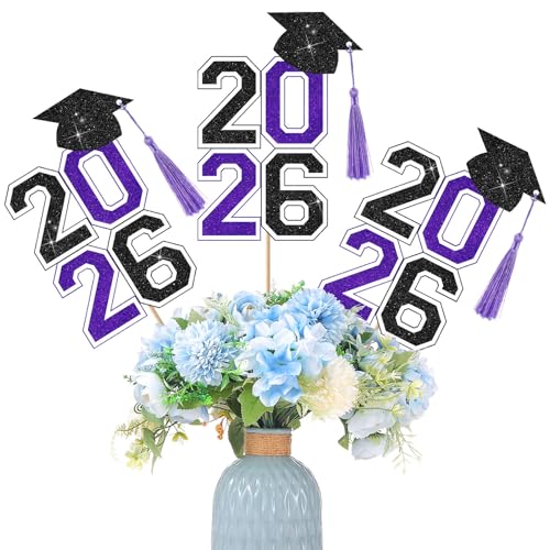 Image of 10 Pcs Graduation Table Centerpieces Sticks with Tassels, class of 2026 Grad Cap Picks Table Decoration Cupcake Toppers for Party Centerpiece Decoration Supplies(Black and Purple)