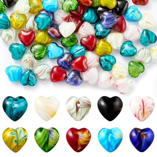 Ornaland Lampwork Glass Heart Beads Bulk for Bracelets Colorful 100 Pcs
