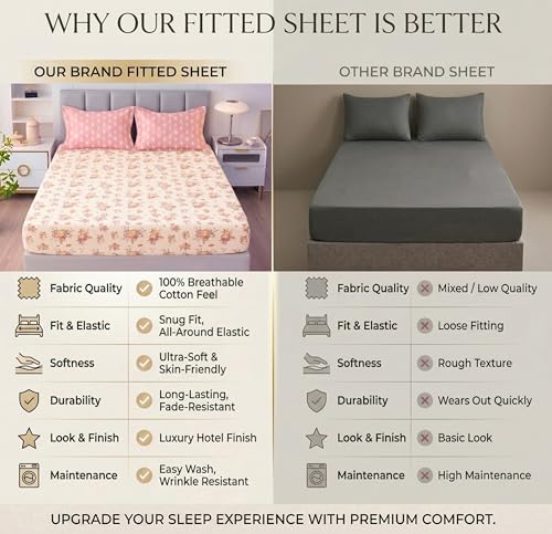 Image of BSB HOME 240 TC Cotton Feel Fitted Bedsheet for Double Bed, All-Round Elastic Deep Pocket, Soft Breathable Wrinkle Resistant & Skin Friendly Bed Sheet, Easy Care, 72 x 72 + 10 Inches - Blossom Pink
