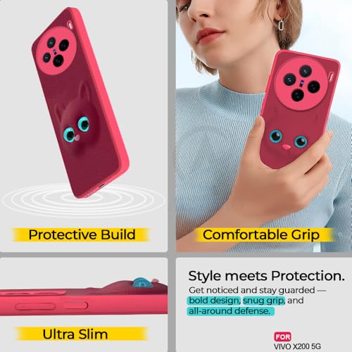 Image of AESTMO Back Case Cover for Vivo X200 5G Back Cover | 3D Cat Cover | Leather Finish | Full Body Protection | Camera Protection Back Cover for Vivo X200 5G (Pink)