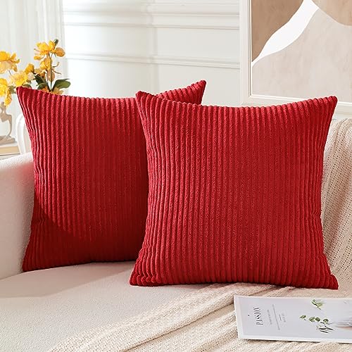 JOTOM Pack of 2 Corduroy Cushion Covers 40x40 cm Soft Striped Solid Decorative Throw Pillow Covers Square Cushion Pillow Cases for Couch Sofa Living Room Bed Home Boho Decor 16x16 Inch (Red) - Image 3