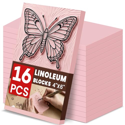 LINSIRON Linoleum Blocks for Printmaking Supplies 16 Pcs 4x6 Pink Rubber Stamp Carving Blocks Soft Stamp Making Kit for Linocut Block DIY Crafts Stamp Carving Art Projects