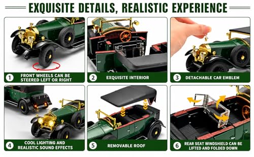 Image of Magicwand 1925 Convertible Vintage Classic Car Model, 1:24 Scale Rollls Roycce Phantom I, Die-Cast Metal, 8.66 x 3.27 inch, Lights & Sound, with Openable Doors,Hood & Removable Roof ⦗Random Color⦘