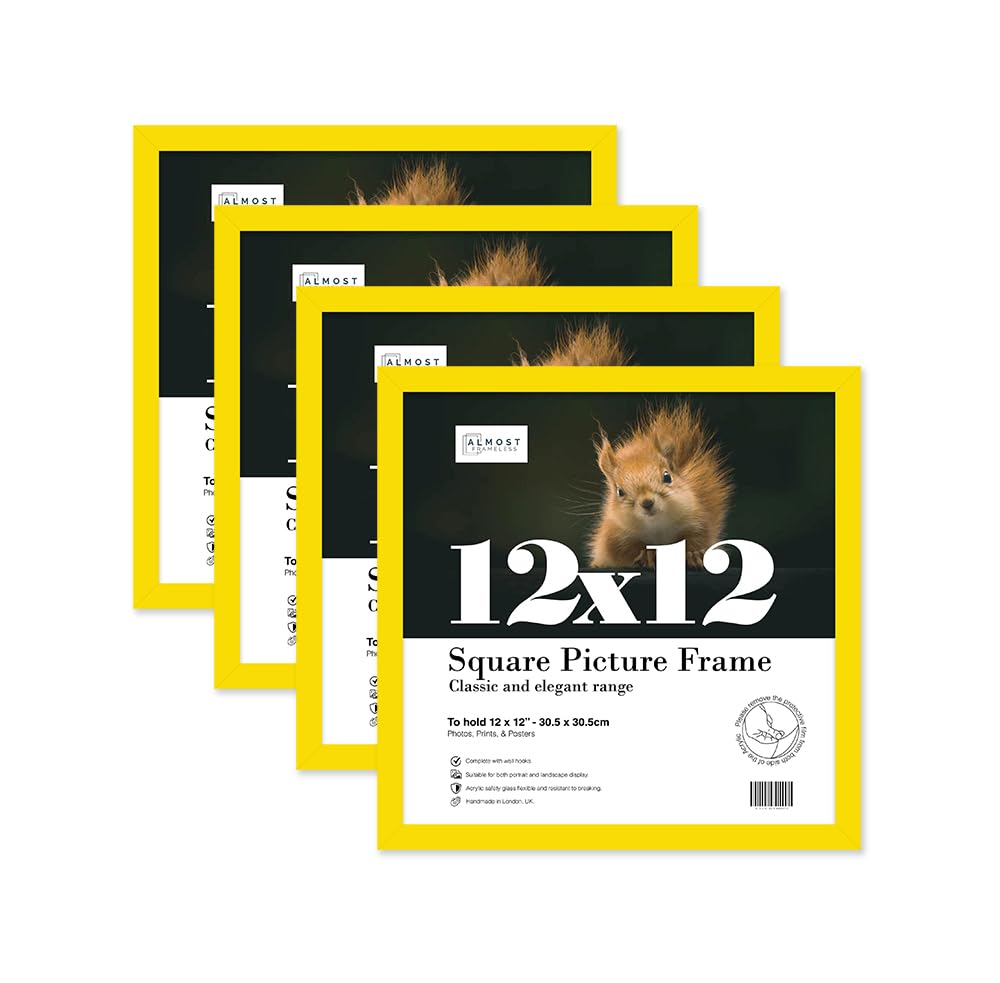 Almost Frameless 12x12 Yellow Picture Frame Set of 4, Display 12x12 Picture Gallery Wall, Poster, Photo, Artwork, or Print, Yellow, Square