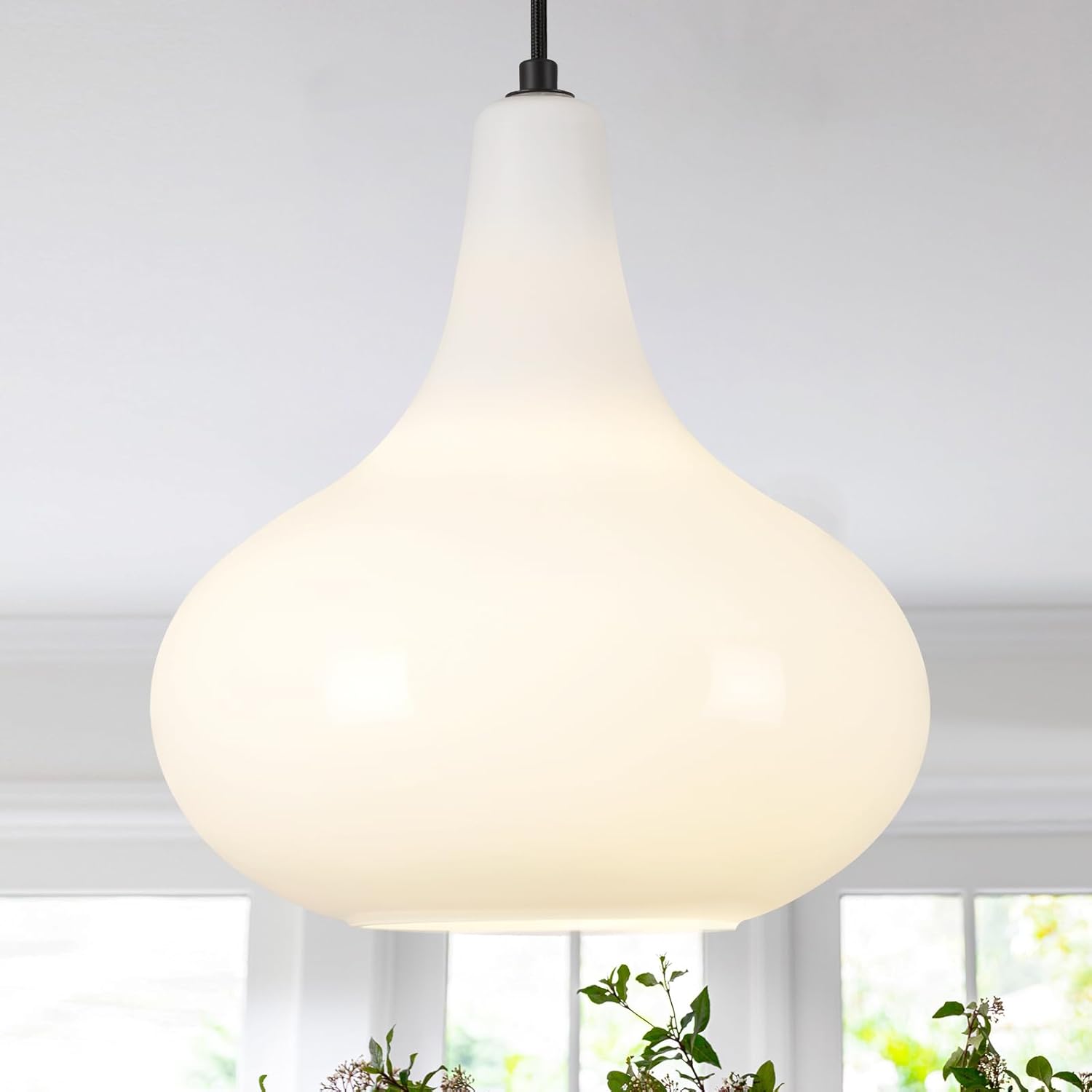 11" Milk White Glass Pendant Light, Blown Glass Hanging Ceiling Light Fixture with Black Finish, Large Vintage Modern Pendant Lamp for Kitchen Island, Sink, Hallway, Living Room