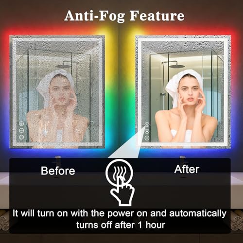 Image of WTTY LED Bathroom Mirror 40 inchx30 inch with RGB Backlit and Front Light,Stepless Dimmable LED Mirror for Bathroom,Lighted Bathroom Vanity Mirror,Anti-Fog,Memory Function,Shatter-Proof,Wall Mounted