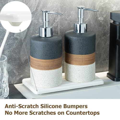 Image of Ceramic Dish Soap Dispensers Set of 2 for Kitchen and Bathroom | Hand Soap and Lotion Dispenser Set, Shampoo and Conditioner Bottles | with Stainless Steel Pump, Silicone Funnel, Tray, Black
