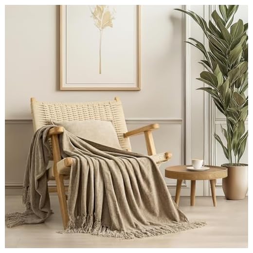 EverGrace Soft Chenille Throw Blanket for Couch, Cozy Plush Fuzzy Decorative Chenille Knit Throw Blanket with Tassels, Lightweight Blanket and Throws for Bed Sofa Gift Home Decor, Beige 50"x60"