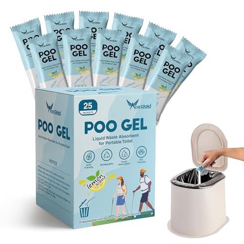 AceGold Portable Toilet Powder Camping Toilet Absorbent Gel 25 Packets Lemon Fragrance Poo Urine Gel for Hiking Car Travel Truck RV Boating Road Trips Outdoor Indoor Use