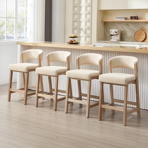 Image of Zesthouse Wooden Counter Height Stools set of 4, Mid Century Kitchen Bar Stools with Back & Solid Wood Legs, Farmhouse Upholstered Barstools for Kitchen Island, Beige Linen Fabric+Antique Brown Finish