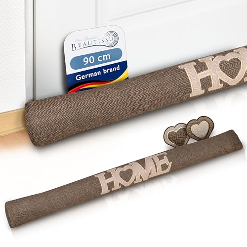 Beautissu Draught Excluder for Doors 90 cm Tuuli HE - 1kg Heavy Door Pillow Draft Wind Stopper for Windows - Long Weighted Draft Excluder Cushion Home Door Sausage in Brown
