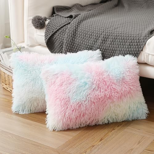 Image of Labilin Faux Fur Fluffy Lumbar Cushion Covers 2 Pack Plush Decorative Pillowcase Soft Velvety Throw Pillow Cover 12x20 Rainbow Luxury Cushion Cover for Bedroom Home Decor