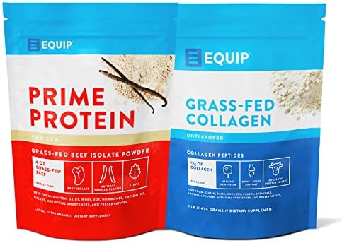Equip Foods Collagen Powder Unflavored & Prime Protein Powder Vanilla - Grass-Fed Beef Isolate Prime Protein Powder & Equip Collagen Powder - Grass-Fed, Gluten Free - Paleo and Keto Friendly