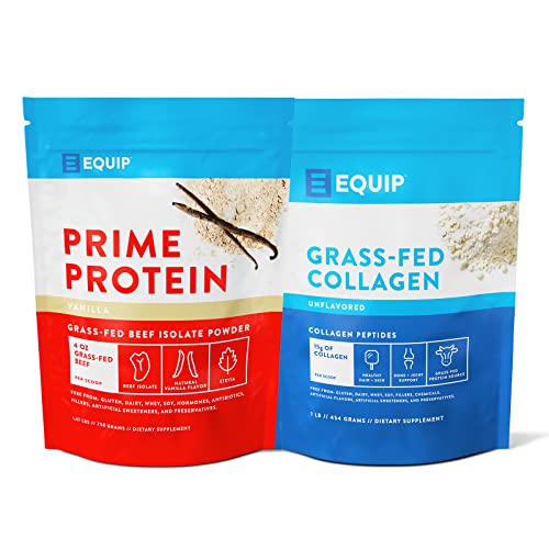 Equip Foods Collagen Powder Unflavored & Prime Protein Powder Vanilla - Grass-Fed Beef Isolate Prime Protein Powder & Equip Collagen Powder - Grass-Fed, Gluten Free - Paleo And Keto Friendly #TOP2