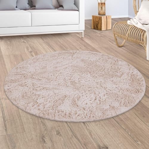 Paco Home Hochflor Teppich Rund Wohnzimmer Schlafzimmer rutschfest Shaggy Modern Flauschig Einfarbig Langflor Kunstfell, Grösse:120 cm Rund, Farbe:Creme