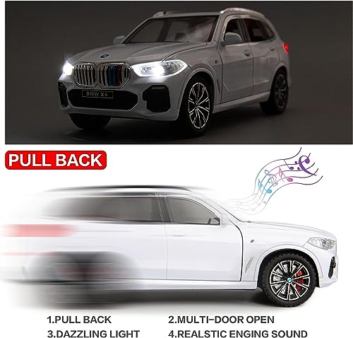 Image of PLUSPOINT Diecast X5 SUV Toy Car Scale Model,Pull Back Vehicles Alloy Simulation Supercar with Lights and Sound Also for Car Dashboard, Kids,Adult (BMW X5-White)