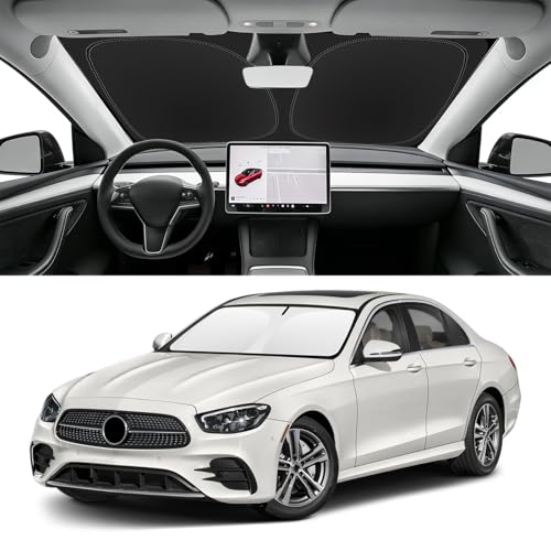 Image of Windshield Sun Shade for Mercedes-Benz E-Class 2017-2023 | Blocks UV Rays and Sun Heat, Helps Reduce Interior Temperature, Protects Dashboard from Fading, Folds Easily for Storage