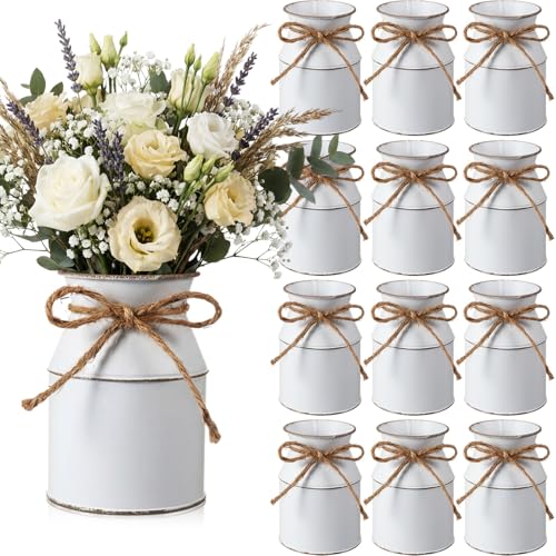 Domensi 12 Pcs Farmhouse Metal Flower Vase Wedding Decor Bulk Rustic Galvanized Milk Can Jug Vase with Bow Flower Bucket for Table Centerpiece Valentine Home (5.12 Inch,Vintage White) by Domensi - Used condition - US$42.68