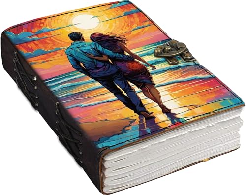 Image of Mr KRAFT Handcrafted A5 120 GSM White Paper Premium Beachside Walking Couple UV Print Diary Leather Journal with Unique UV Love Print Writing Diary Notebook Unruled Personal Diaries for Men,Women-5x7 (A-010)