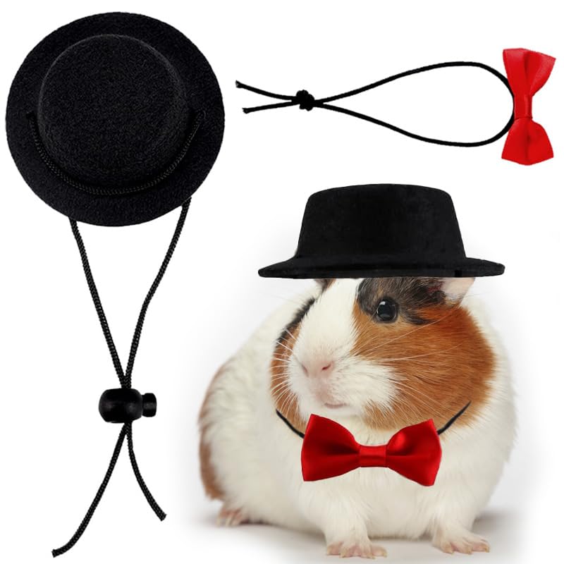 HOKABLE 2pcs Guinea Pig Clothes Small Animal Bow Tie Pet Hat Costume Set Role Play Cute Pet Hat Bow Tie for Hamster Guinea Pig Rabbit Chinchilla